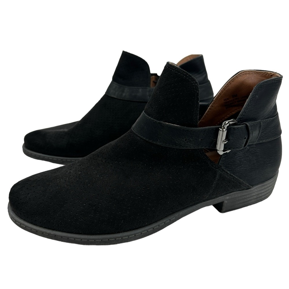 Hokus Pokus Black Rea Ankle Boots Booties Size 8M Buckle 1" Heel Perforated
